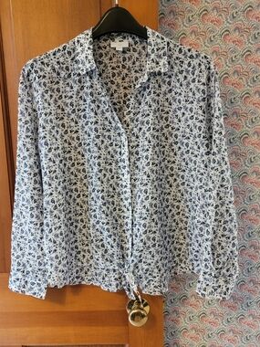 J. Jill Blue White Floral Cotton Silk Blend Tie Front Button Down Blouse Size M